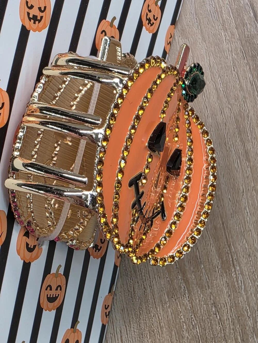 🔹️NWT Orange Rhinestone Pumpkin Jack O Lantern Metal Claw Hair Clip